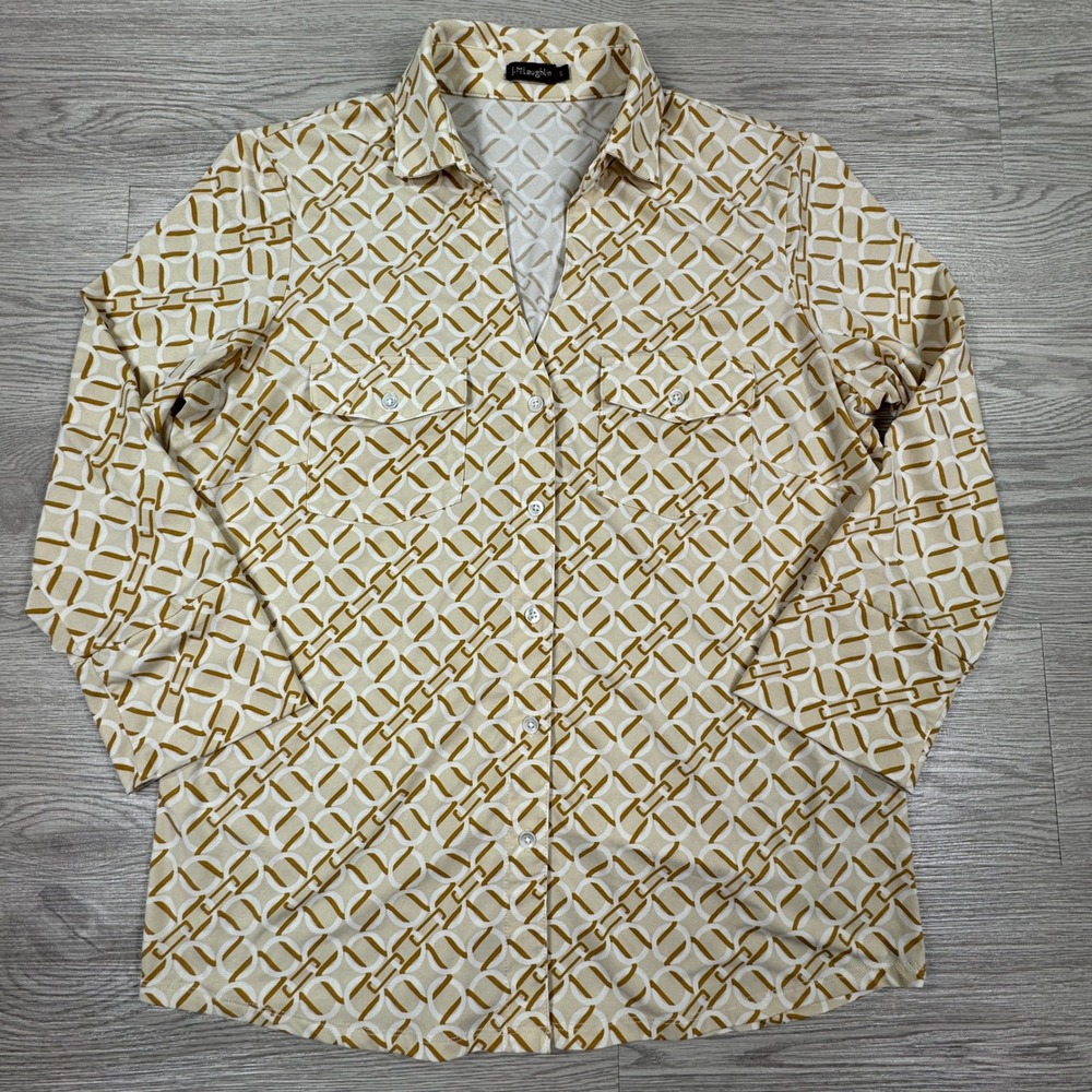 J.McLaughlin Women's‎ Button Down Shirt Tan Cream Geometric Link Print Small